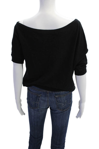 Minnie Rose Womens Short Sleeve Asymmetrical Neck Pullover T-Shirt Black Size XS