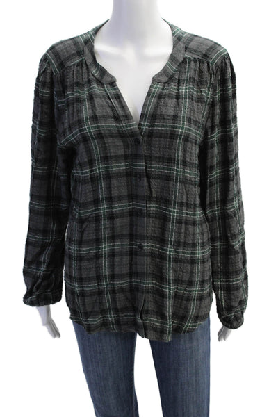 Drew Womens Plaid Print Collared Long Sleeve Buttoned-Down Top Gray Size M