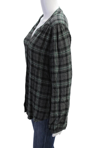 Drew Womens Plaid Print Collared Long Sleeve Buttoned-Down Top Gray Size M
