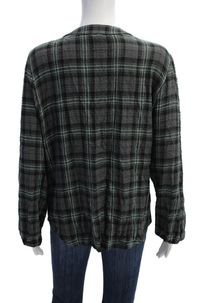Drew Womens Plaid Print Collared Long Sleeve Buttoned-Down Top Gray Size M