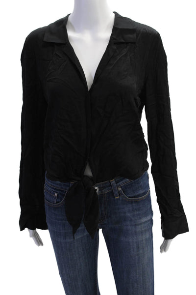Anonyme Womens Long Sleeve Button Front Collared Satin Shirt Black Size Large