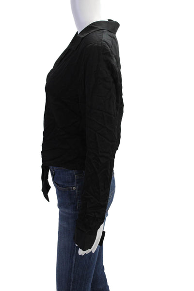 Anonyme Womens Long Sleeve Button Front Collared Satin Shirt Black Size Large