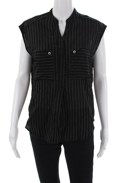Maac Womens Striped Print Collared Sleeveless Buttoned Blouse Top Black Size S