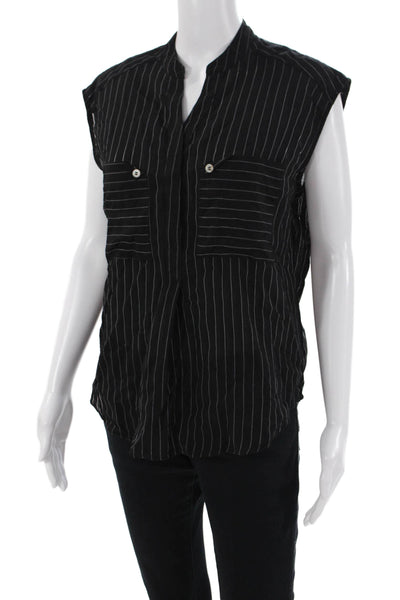 Maac Womens Striped Print Collared Sleeveless Buttoned Blouse Top Black Size S