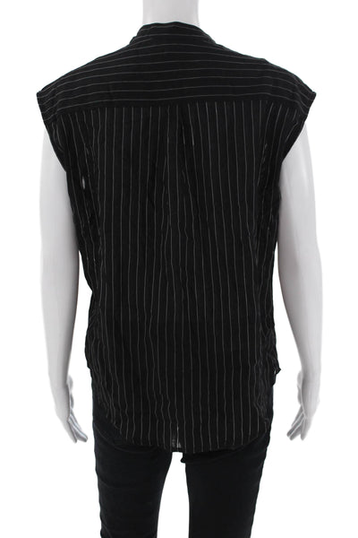 Maac Womens Striped Print Collared Sleeveless Buttoned Blouse Top Black Size S