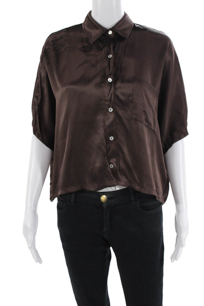 Rose & Crwon Womens Collared Short Sleeve Buttoned Cropped Blouse Brown Size XS