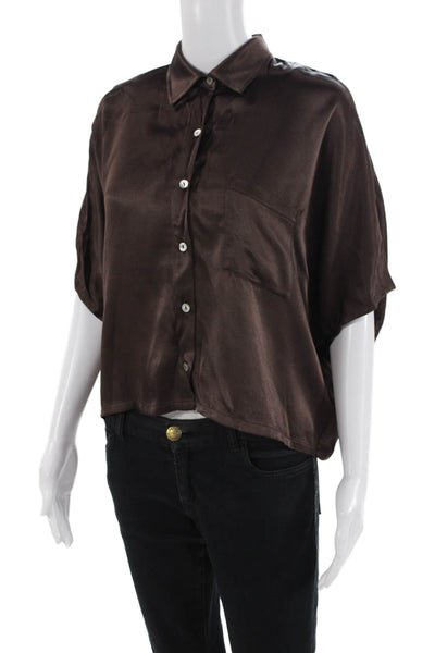 Rose & Crwon Womens Collared Short Sleeve Buttoned Cropped Blouse Brown Size XS