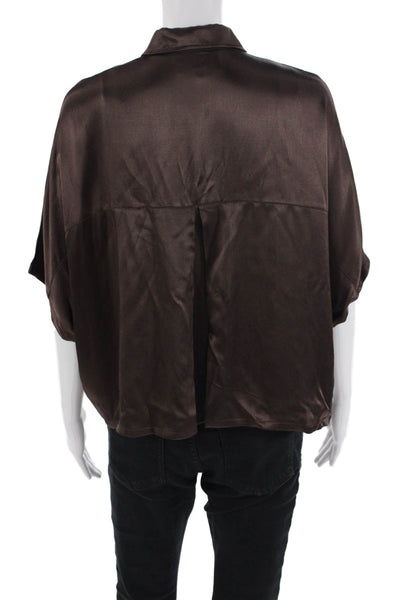 Rose & Crwon Womens Collared Short Sleeve Buttoned Cropped Blouse Brown Size XS
