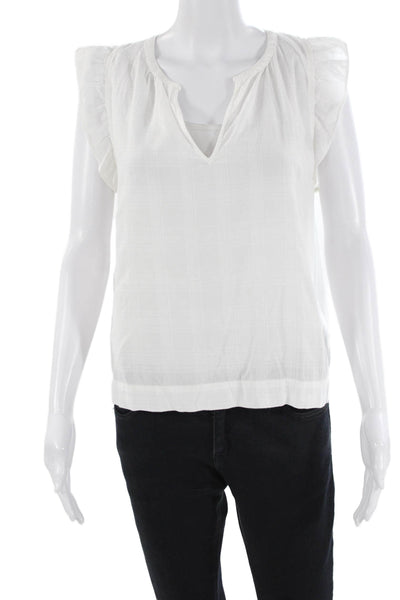 Lilla P Womens Cotton Striped V-Neck Ruffled Short Sleeve Blouse White Size M