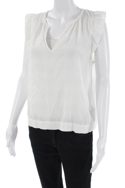 Lilla P Womens Cotton Striped V-Neck Ruffled Short Sleeve Blouse White Size M