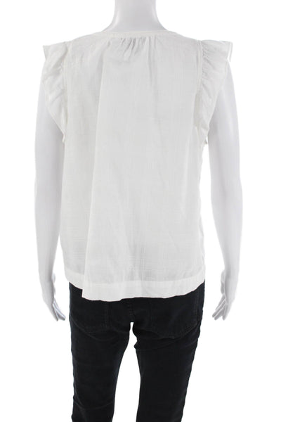 Lilla P Womens Cotton Striped V-Neck Ruffled Short Sleeve Blouse White Size M