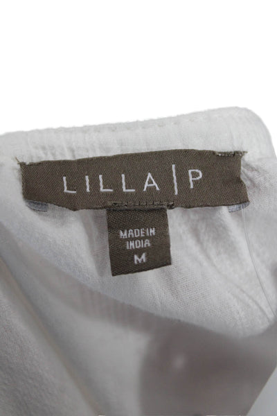 Lilla P Womens Cotton Striped V-Neck Ruffled Short Sleeve Blouse White Size M