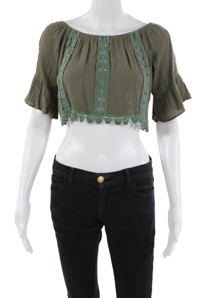 House Of Three Womens Cropped Off Shoulder Lace Trim Crop Top Green Size 8