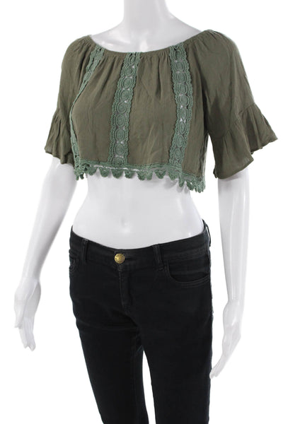 House Of Three Womens Cropped Off Shoulder Lace Trim Crop Top Green Size 8