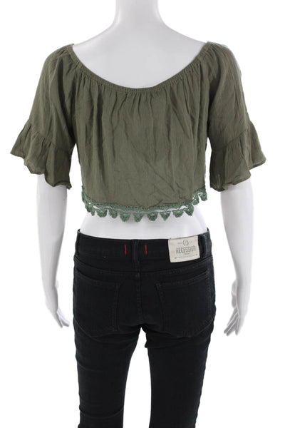 House Of Three Womens Cropped Off Shoulder Lace Trim Crop Top Green Size 8