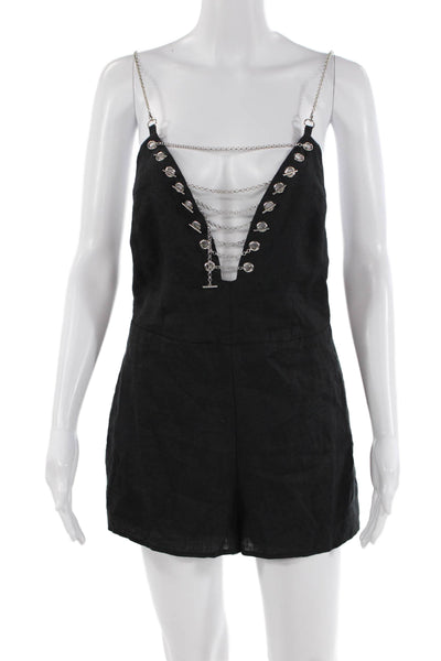 Millau Womens Linen V Neck Chain Detail One Piece Romper Black Size M