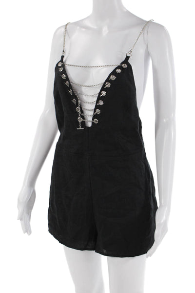 Millau Womens Linen V Neck Chain Detail One Piece Romper Black Size M