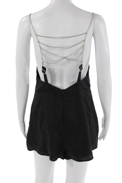 Millau Womens Linen V Neck Chain Detail One Piece Romper Black Size M