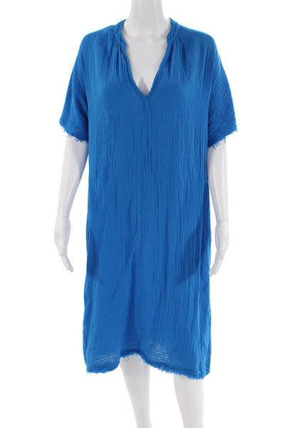 Stark Womens Cotton Short Sleeve V Neck Raw Hem Shift Dress Blue Size XS