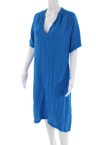 Stark Womens Cotton Short Sleeve V Neck Raw Hem Shift Dress Blue Size XS