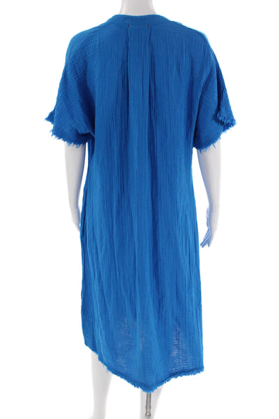 Stark Womens Cotton Short Sleeve V Neck Raw Hem Shift Dress Blue Size XS