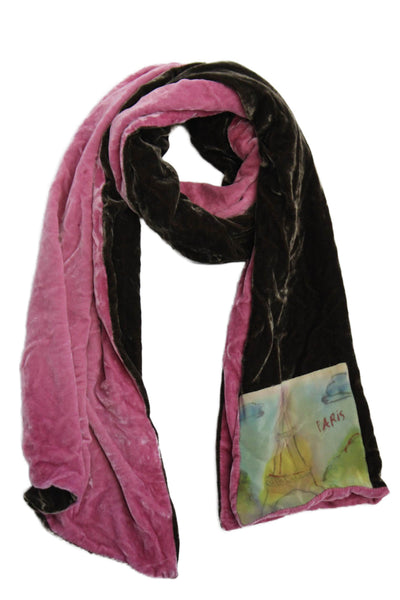 Designer Womens Velvet Colorblock Wide Paris Patch Detail Scarf Pink 54" x 13"