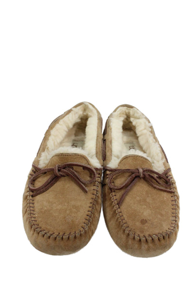 Ugg Womens Suede Bow Accent Slip On Shearling Lined Slippers Beige Size 7