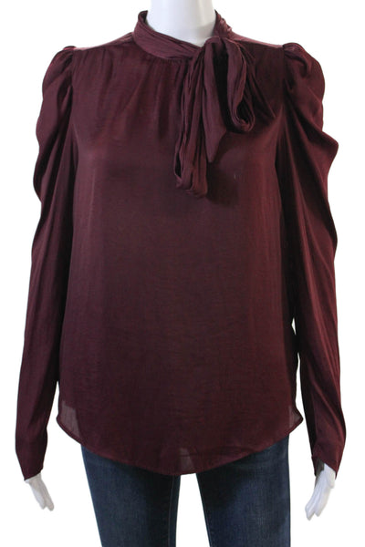 Do + Be Women's Round Neck Long Sleeves Drape Silky Blouse Burgundy Size S