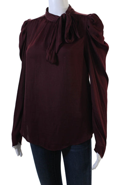 Do + Be Women's Round Neck Long Sleeves Drape Silky Blouse Burgundy Size S