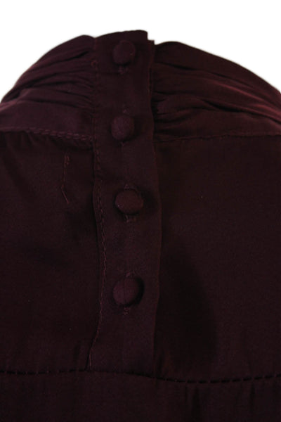 Do + Be Women's Round Neck Long Sleeves Drape Silky Blouse Burgundy Size S