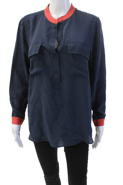 Vince Womens Silk Colorblock Round Neck Quarter Button Down Top Blue Size 8