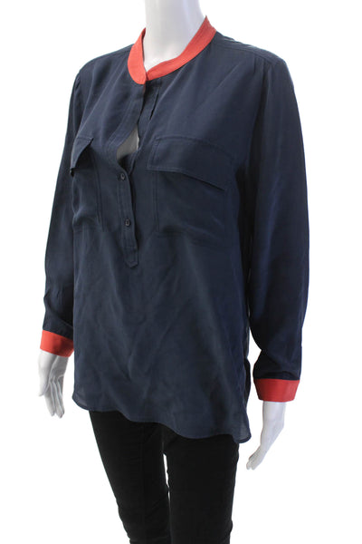 Vince Womens Silk Colorblock Round Neck Quarter Button Down Top Blue Size 8