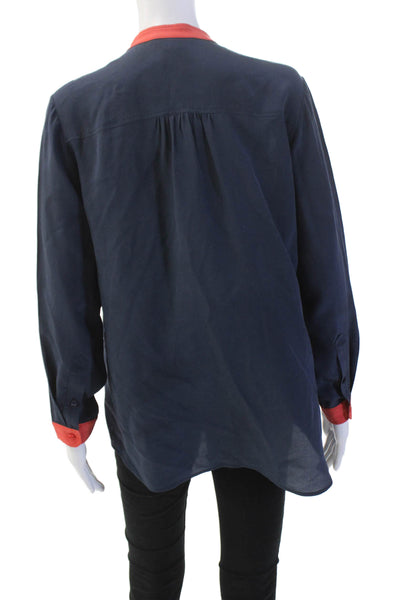 Vince Womens Silk Colorblock Round Neck Quarter Button Down Top Blue Size 8