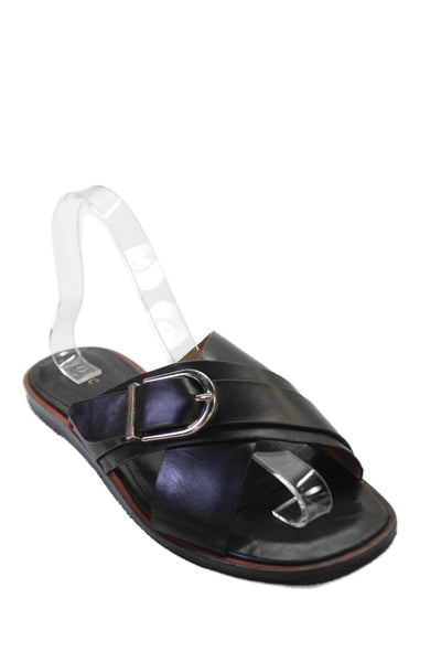 Joie Womens Textured Open Toe Buckle Criss Cross Strap Flat Sandals Black Size E
