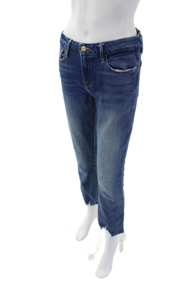 Frame Denim Womens Cotton Le Crop Mini Boot  Distressed Hem Jeans Blue Size 26