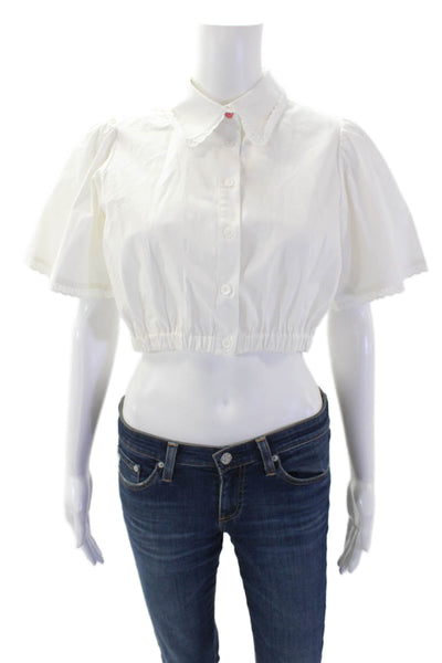 LDT Womens Cotton Collared Puff Sleeve Button Down Crop Top White Size 2