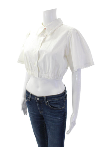LDT Womens Cotton Collared Puff Sleeve Button Down Crop Top White Size 2