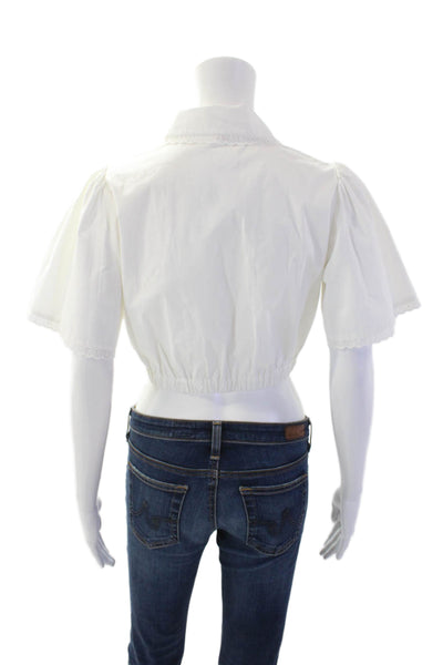 LDT Womens Cotton Collared Puff Sleeve Button Down Crop Top White Size 2