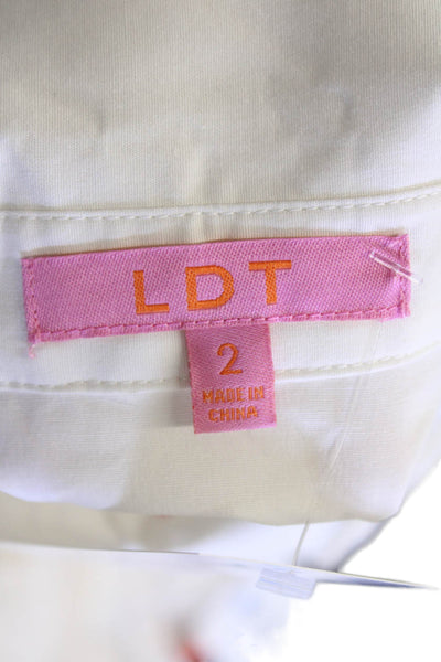 LDT Womens Cotton Collared Puff Sleeve Button Down Crop Top White Size 2