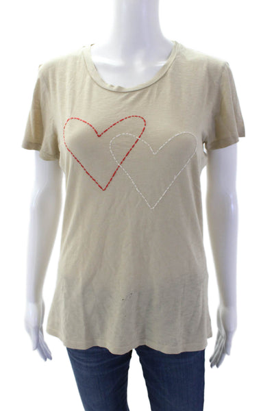 Sundry Womens Cotton Short Sleeve Heart Embroidered T Shirt Beige Size 1