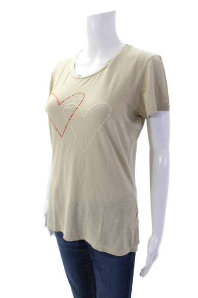 Sundry Womens Cotton Short Sleeve Heart Embroidered T Shirt Beige Size 1