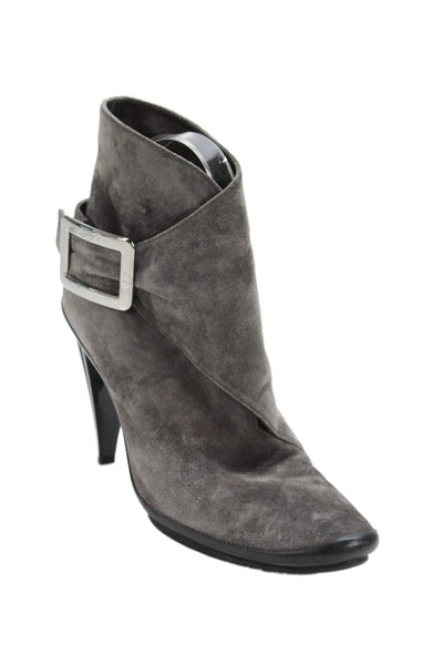 Roger Vivier Womens Suede Pointed Toe Buckle Closure Booties Gray Size 8