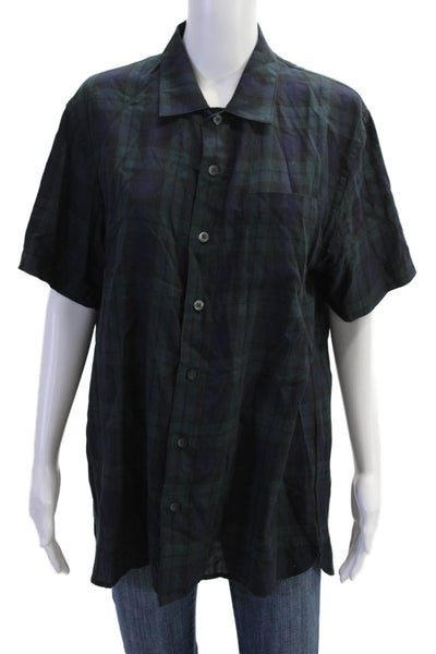 Saturdays NYC Womens Button Front Short Sleeve Plaid Shirt Navy Green Size 10