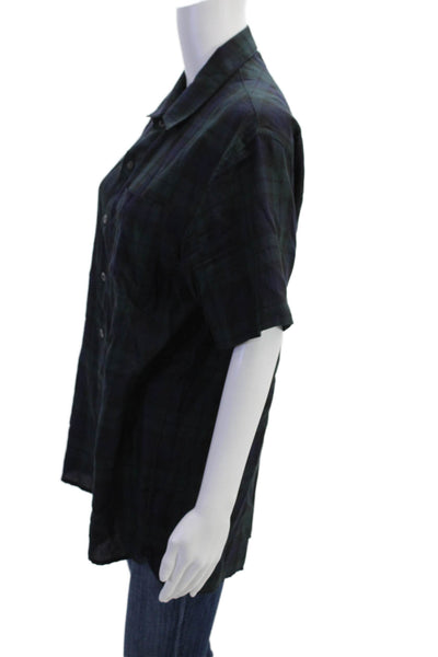 Saturdays NYC Womens Button Front Short Sleeve Plaid Shirt Navy Green Size 10