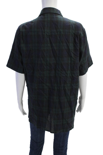 Saturdays NYC Womens Button Front Short Sleeve Plaid Shirt Navy Green Size 10