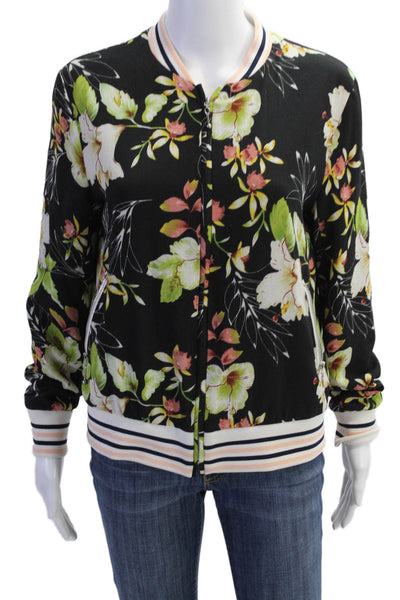 Azalea Womens Long Sleeve Front Zip Crew Neck Floral Jacket Black Green Medium