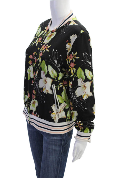 Azalea Womens Long Sleeve Front Zip Crew Neck Floral Jacket Black Green Medium