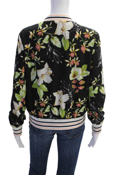 Azalea Womens Long Sleeve Front Zip Crew Neck Floral Jacket Black Green Medium