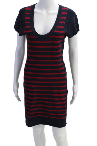 French Connection Womens Back Zip Scoop Neck Knit Striped Dress Navy Red Size 12