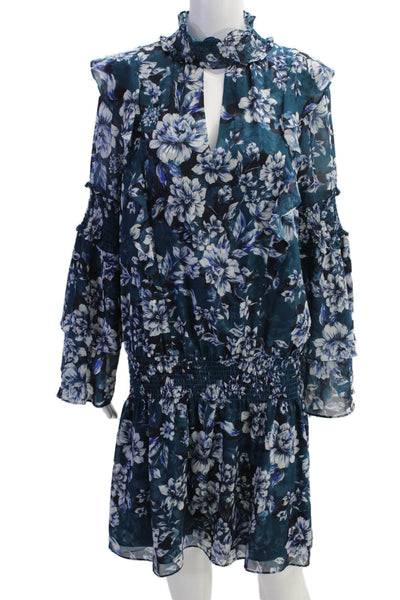 Parker Womens Long Sleeve Keyhole Smocked Floral Dress Blue Size Extra Large